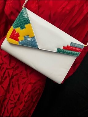 Rare DiVina Vintage Geometric Leather & Snakeskin Envelope Purse - 80s Style